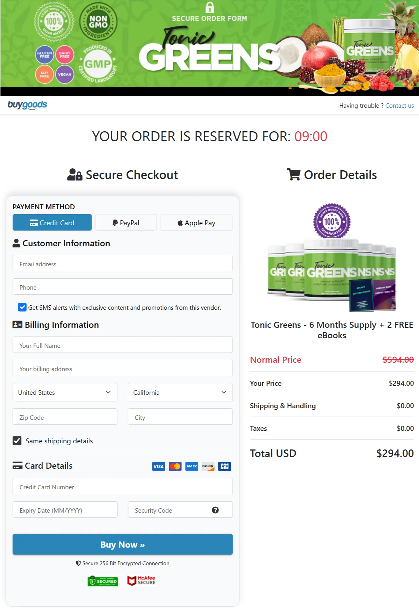 Tonic Greens checkout page